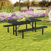 Outdoor picnic table and bench set in black, featuring mesh grid design, suitable for 8 people in a garden setting.