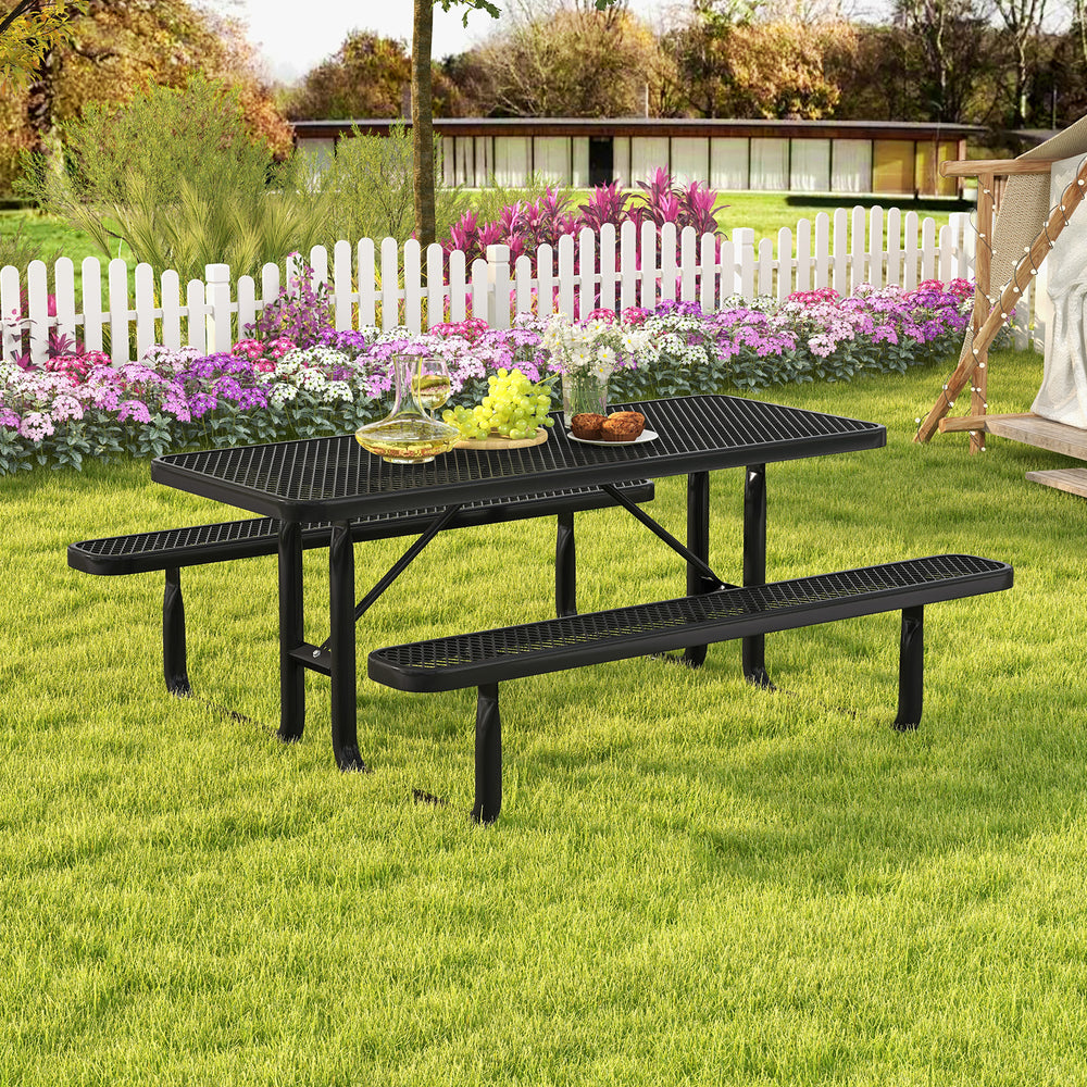 Outdoor picnic table and bench set in black, featuring mesh grid design, suitable for 8 people in a garden setting.