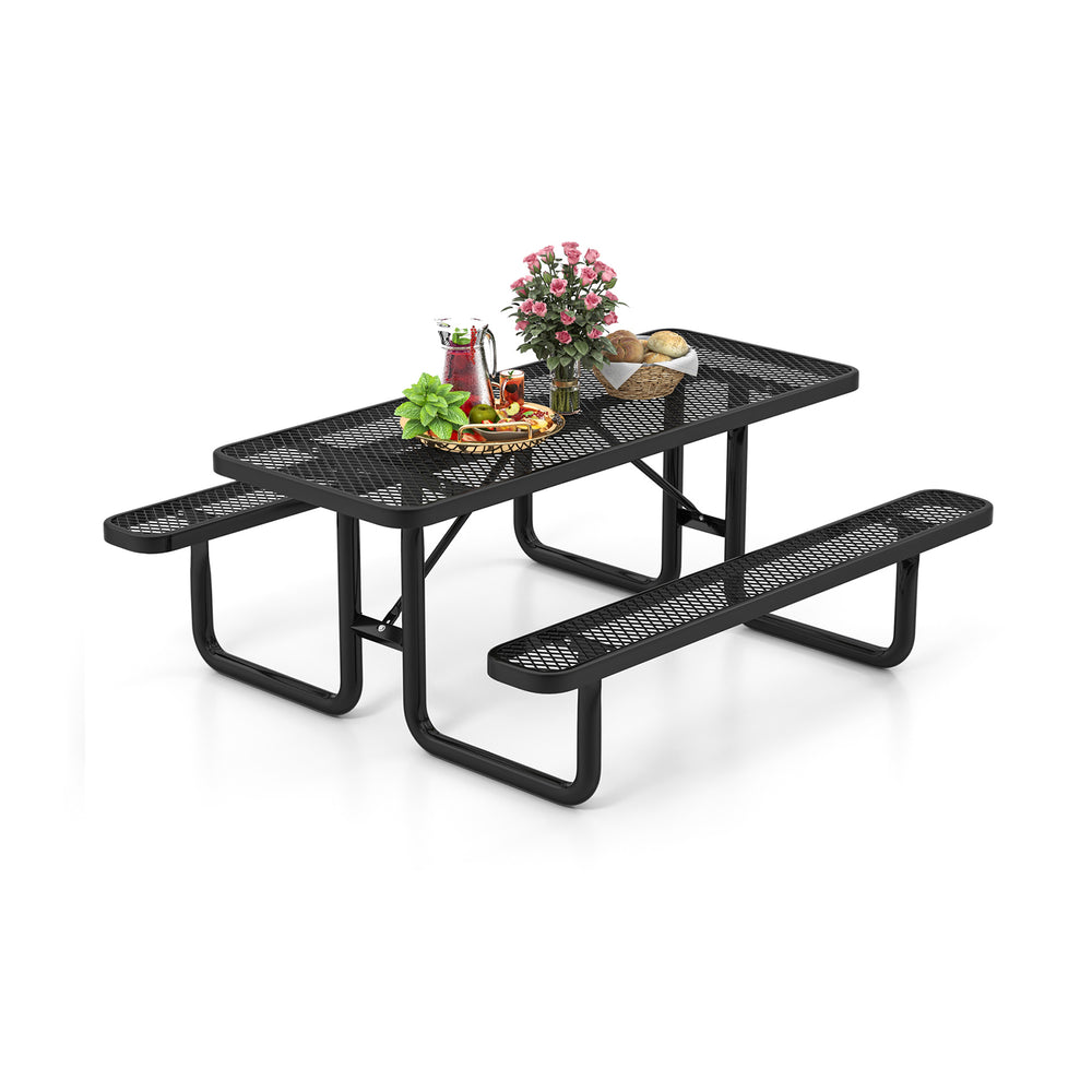 Outdoor picnic table and bench set in black with mesh grid, seating for 8, ideal for outdoor gatherings.