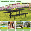 Black outdoor picnic table and bench set with a mesh grid, designed for 8 people, perfect for restaurant patios and.
