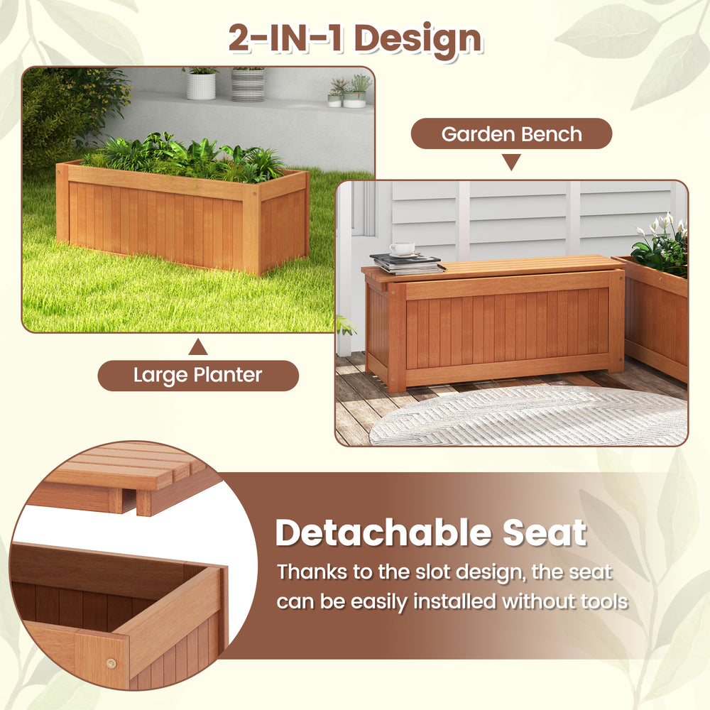 Outdoor plant container with detachable seat, made of premium wood, perfect for garden, yard, or balcony use.