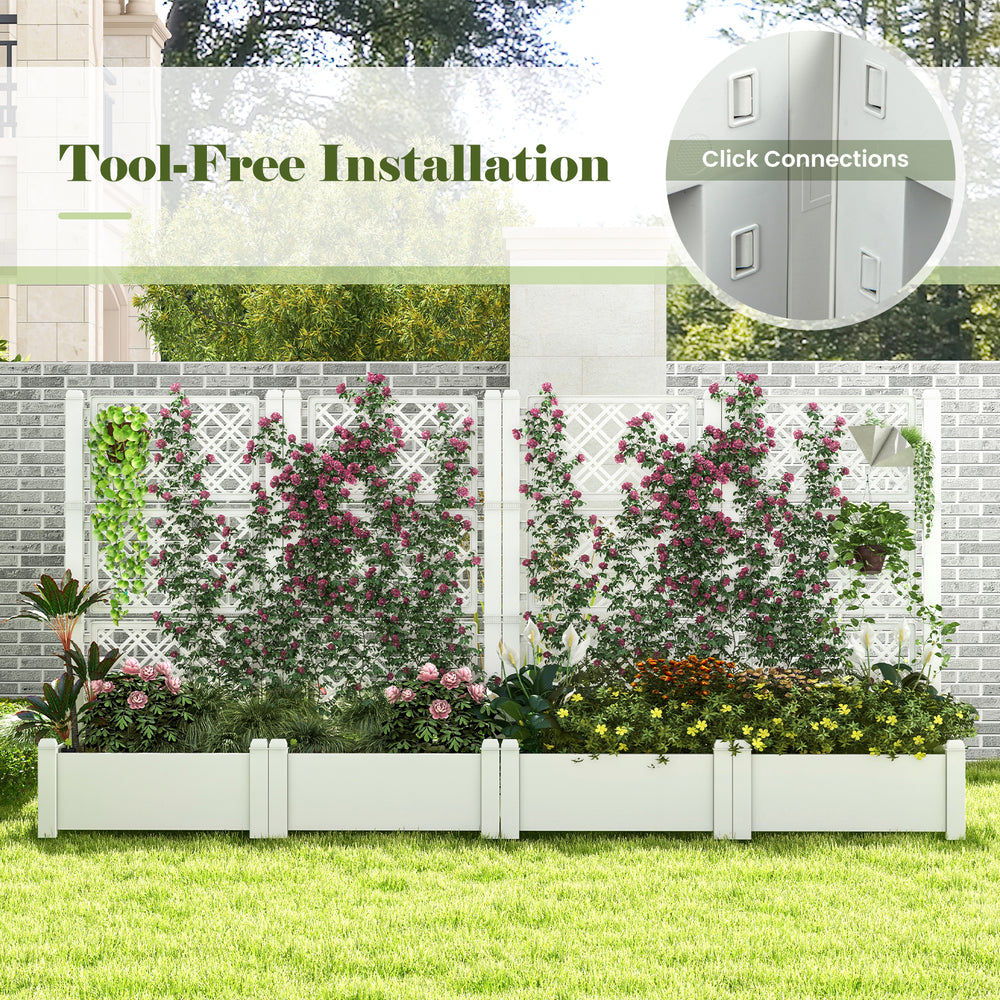 Self-watering raised garden bed with trellis, greyish-white, featuring tool-free installation and water level indicator.
