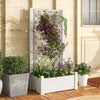 Self-watering outdoor planter box with trellis, greyish-white, ideal for climbing plants and garden vegetables.
