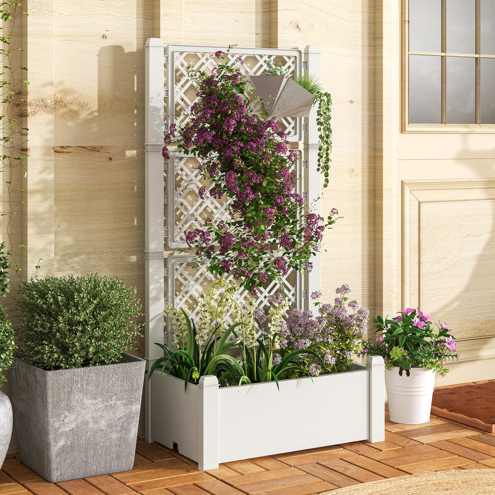 Self-watering outdoor planter box with trellis, greyish-white, ideal for climbing plants and garden vegetables.