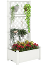 Self-watering outdoor planter box with trellis, featuring a 14-gal garden bed for flowers and climbing plants.