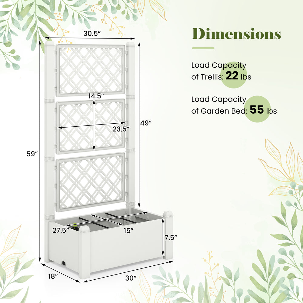 Self-watering outdoor planter box with trellis, greyish-white, features a 14-gal garden bed for versatile planting.