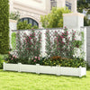 Self-watering outdoor planter box with trellis, greyish-white, ideal for vegetables and climbing plants in gardens.