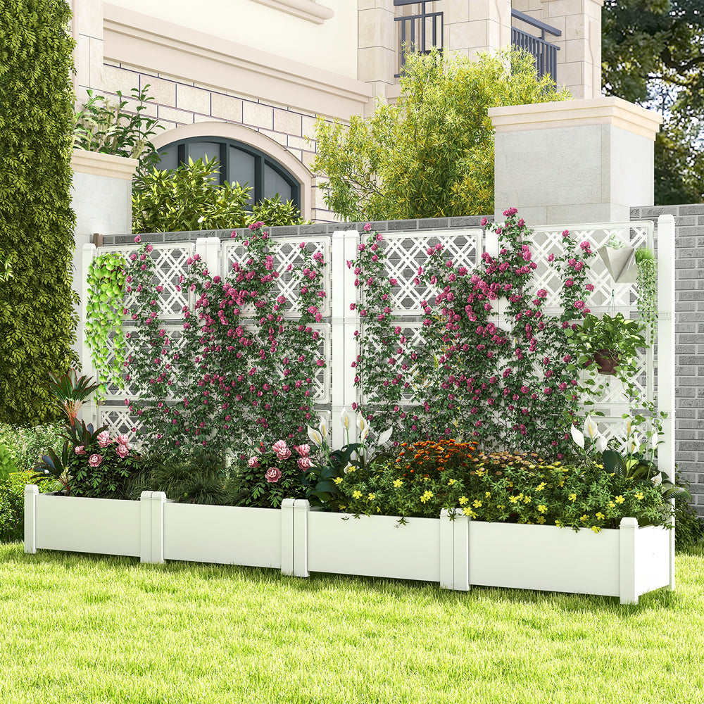 Self-watering outdoor planter box with trellis, greyish-white, ideal for vegetables and climbing plants in gardens.