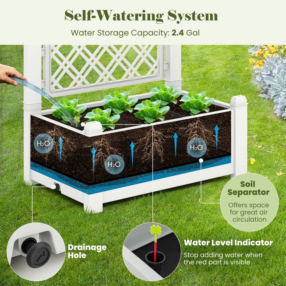 Self-watering outdoor planter box with trellis, soil separator, and water level indicator for easy plant care.