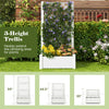 Outdoor planter box with a self-watering system and vertical trellis for climbing plants, featuring a 14-gallon garden.