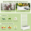 Self-watering raised garden bed with vertical trellis for climbing plants, featuring a 14-gal capacity and water level.