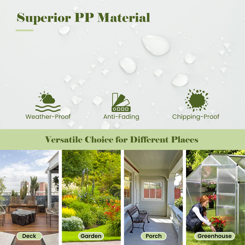 Outdoor planter box with self-watering system and trellis, made of weather-proof PP material, ideal for gardens and.