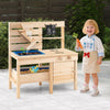 Outdoor play pretend kitchen made of solid fir wood with detachable sandbox, chalkboard, and storage for kids' fun.