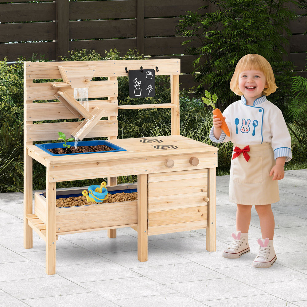 Outdoor play pretend kitchen made of solid fir wood with detachable sandbox, chalkboard, and storage for kids' fun.