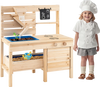 Outdoor play pretend kitchen made of solid fir wood with detachable sandbox, stovetops, and chalkboard for kids.