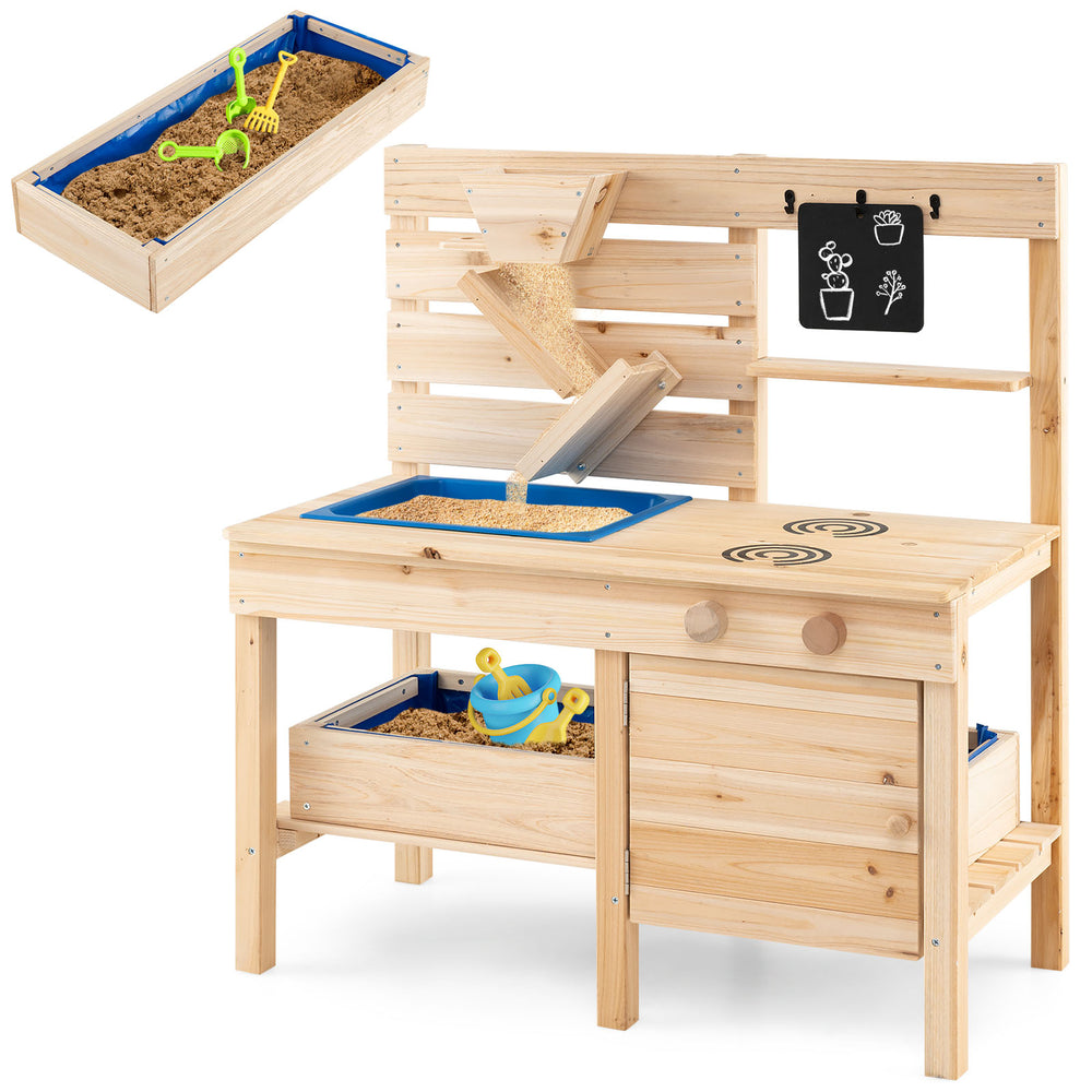 Outdoor play pretend kitchen with detachable sandbox, made of solid fir wood, featuring storage shelves and stovetops.