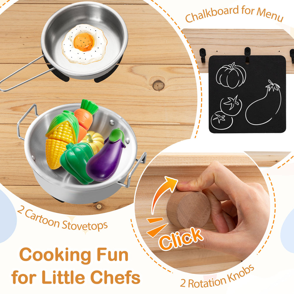 Outdoor play pretend kitchen featuring 2 cartoon stovetops, detachable sandbox, and chalkboard for menu fun.