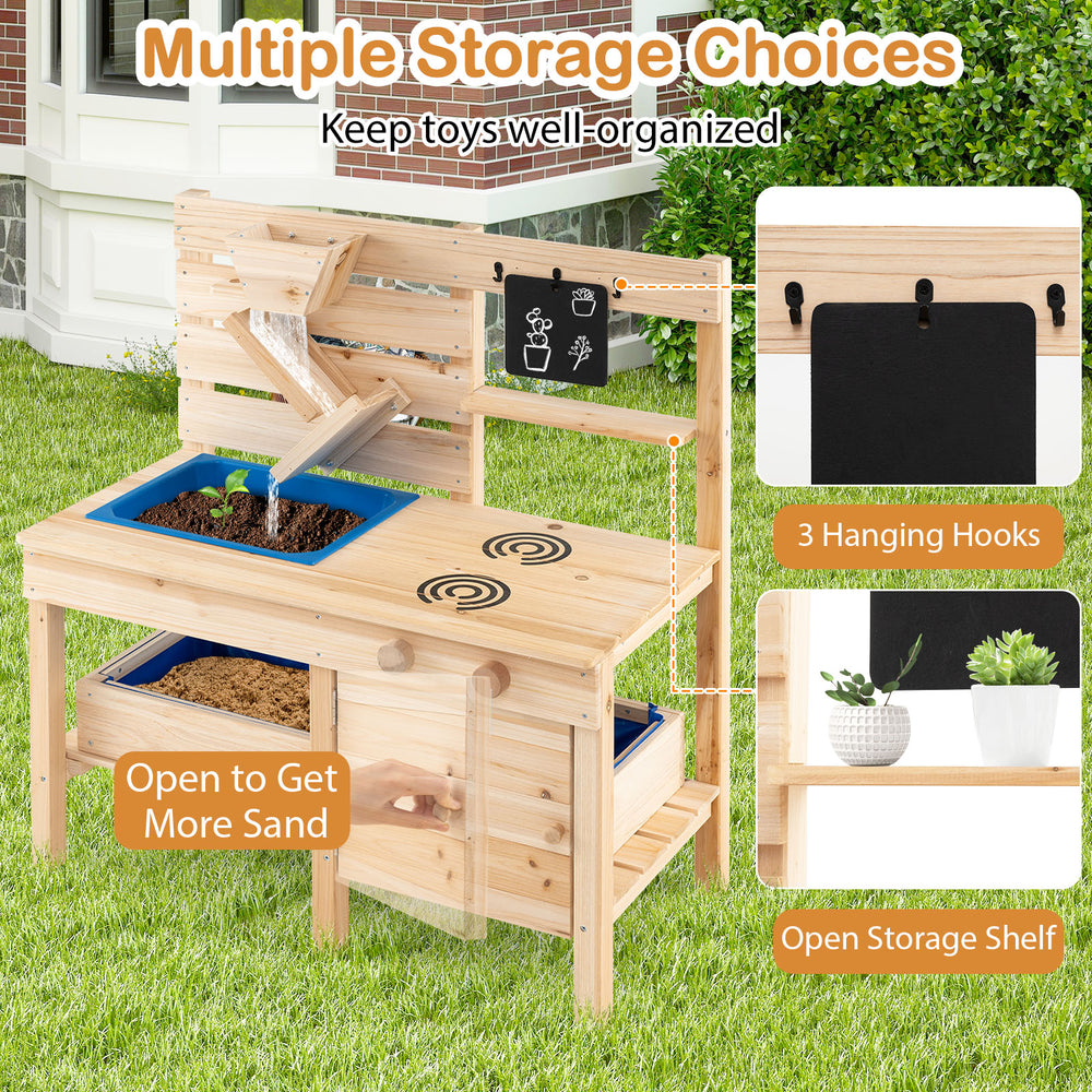 Outdoor play kitchen with detachable sandbox, solid fir wood, and organized storage for fun cooking and sand play.