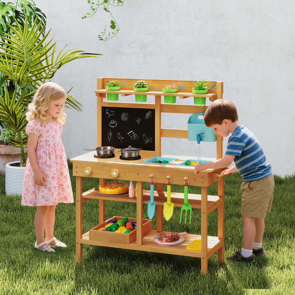 Children's outdoor play pretend kitchen with removable sinks, stovetops, and chalkboard for creative cooking fun.