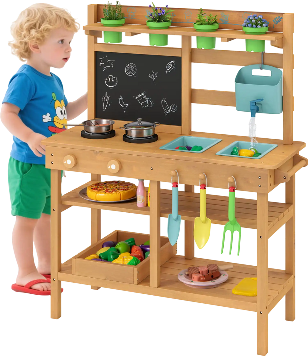 Outdoor play pretend kitchen for children with removable sinks, faucet, and storage, made of natural fir and pine wood.