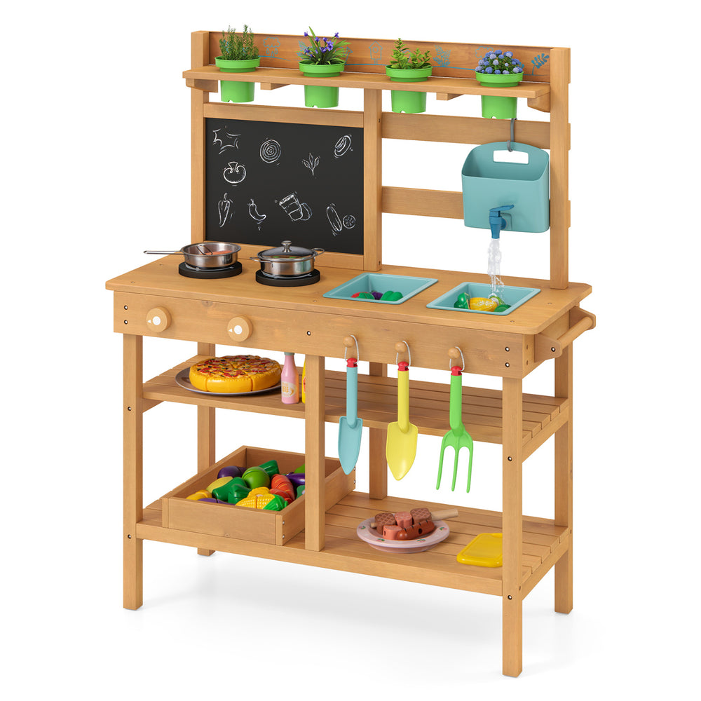 Outdoor play pretend kitchen with faucet, removable sinks, and chalkboard for creative cooking fun for children aged 3+.