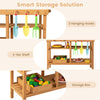 Outdoor play pretend kitchen featuring a 2-tier shelf, storage box, and 3 hanging hooks for organized toy storage.