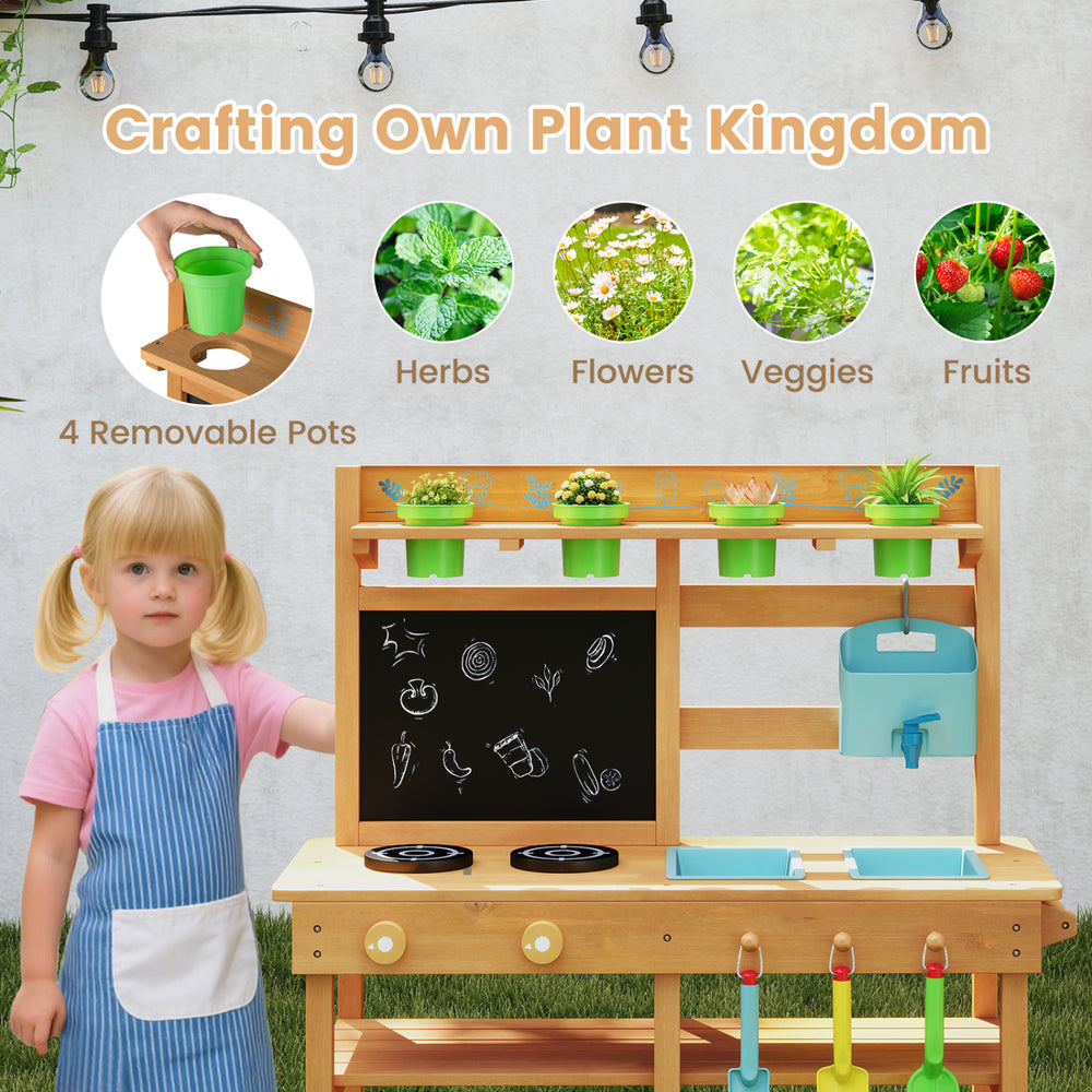 Outdoor play kitchen with removable sinks, chalkboard, and 4 pots for kids to enjoy imaginative gardening and cooking.