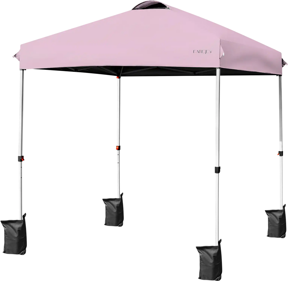 Pink outdoor pop-up canopy tent, 6.6' x 6.6', featuring a robust steel frame and four weight bags for enhanced.