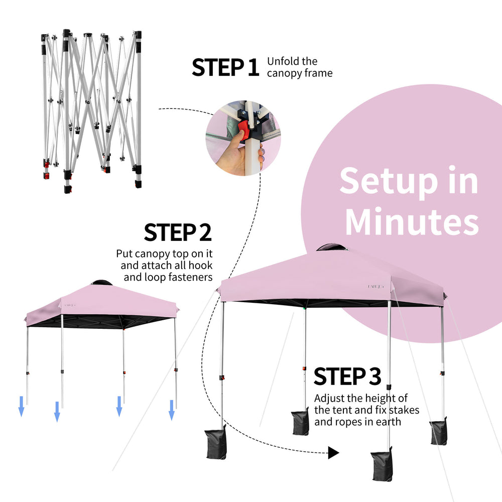 Height adjustable pink outdoor pop-up canopy tent with roller bag, showcasing setup steps for easy assembly and.