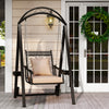 Outdoor porch swing with removable cushions and side tables, featuring a black metal frame and stylish arched top for.