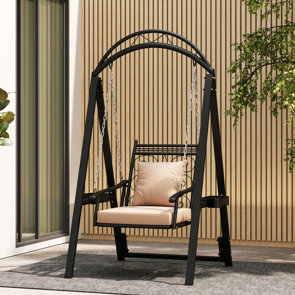 Outdoor porch swing in black with removable cushions, side tables, and arched top, perfect for garden relaxation.