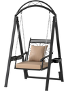 Outdoor porch swing in black with removable cushions, side tables, and decorative leaf patterns for garden charm.