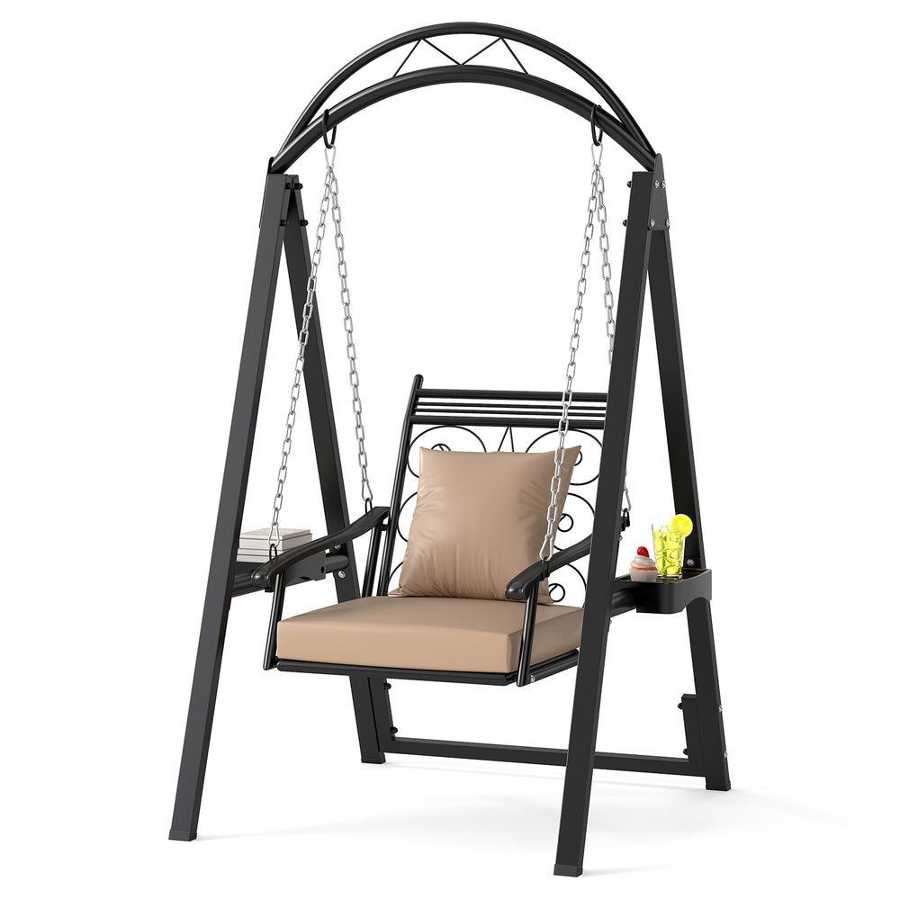 Outdoor porch swing with removable cushions and side tables, featuring a black metal frame and leaf-patterned backrest.