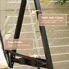 Close-up of multi-hole chains and snap hooks on the black outdoor porch swing for customizable height and security.