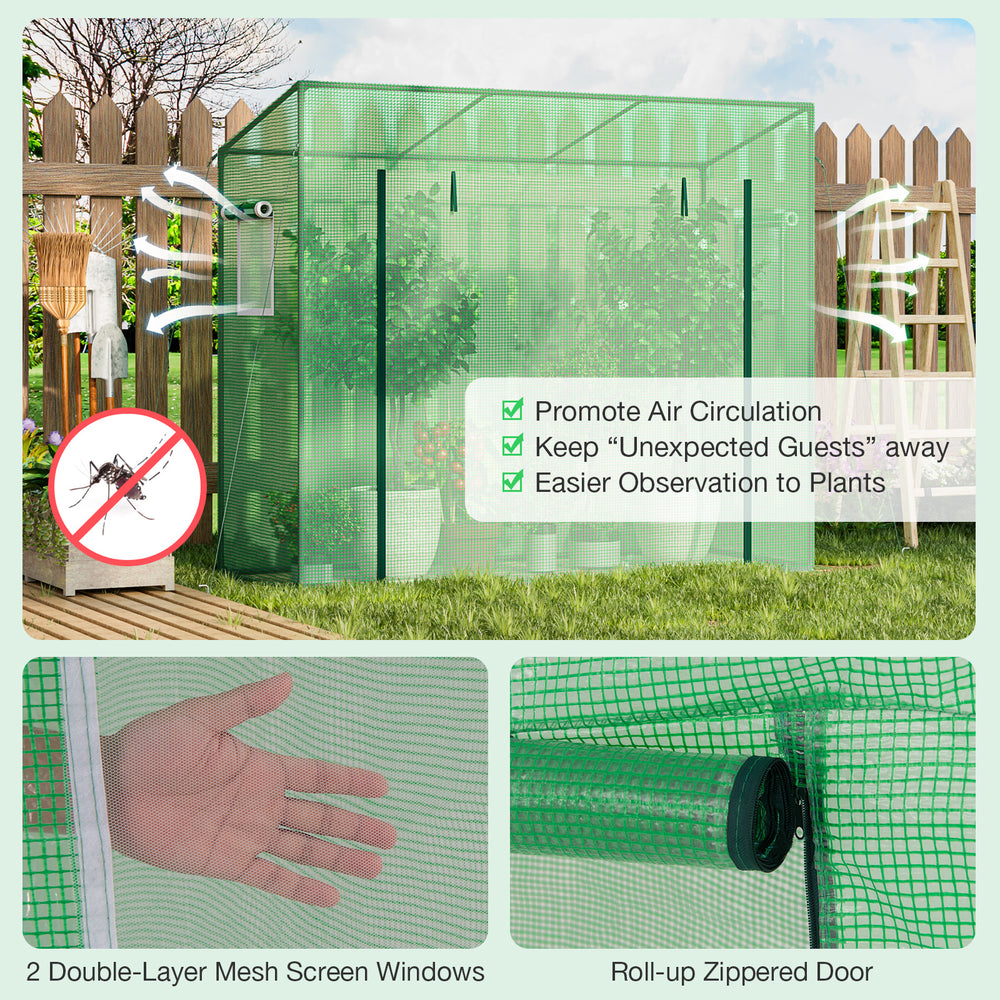 Outdoor portable walk-in greenhouse with PE cover, heavy-duty metal frame, roll-up zippered door, and mesh windows for.