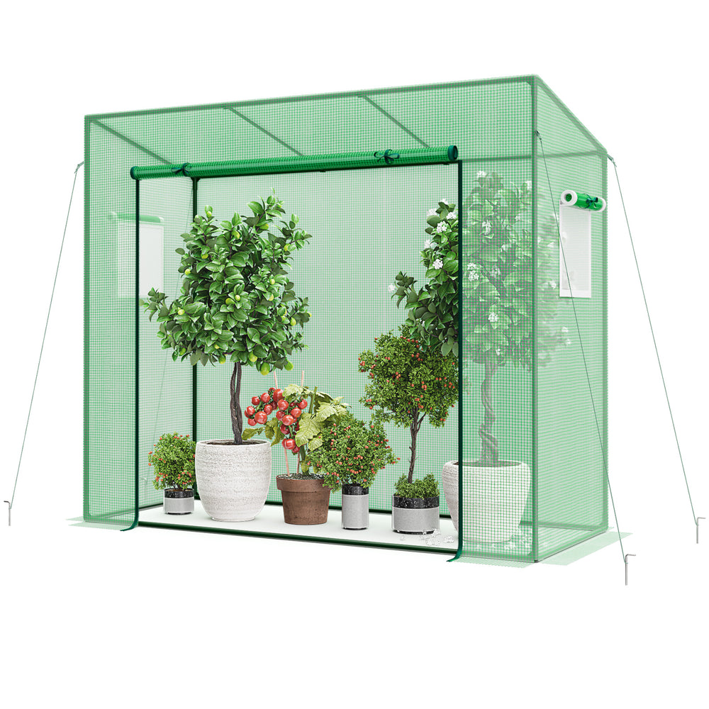 Walk-in greenhouse featuring a roll-up zippered door and double-layer mesh windows for easy plant observation and.