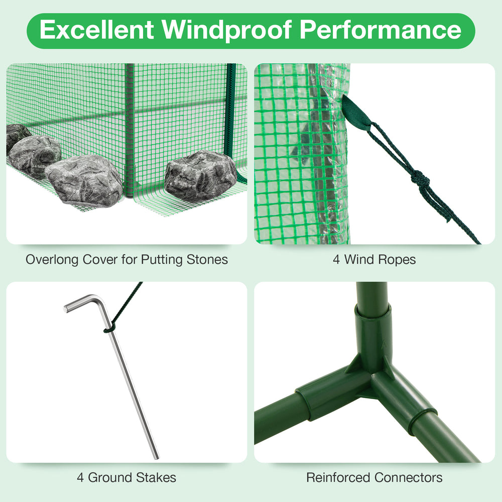Windproof features of the outdoor greenhouse include ground stakes, wind ropes, and overlong covers for stability.