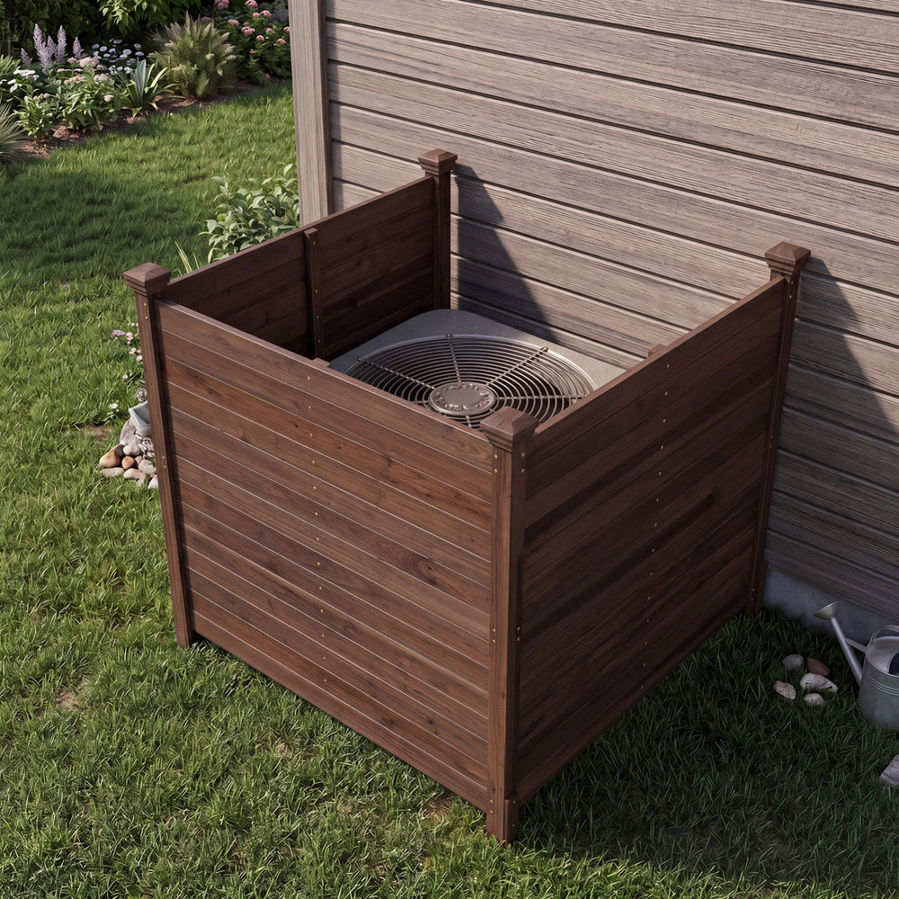 Outdoor privacy air conditioner fence made of fir wood, designed for concealing AC units in a backyard setting.