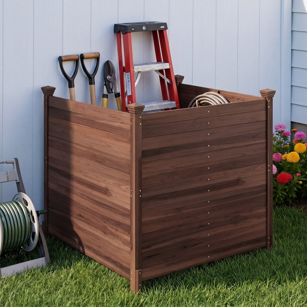 Outdoor privacy air conditioner fence made of fir wood, featuring a rustic brown finish, ideal for concealing equipment.