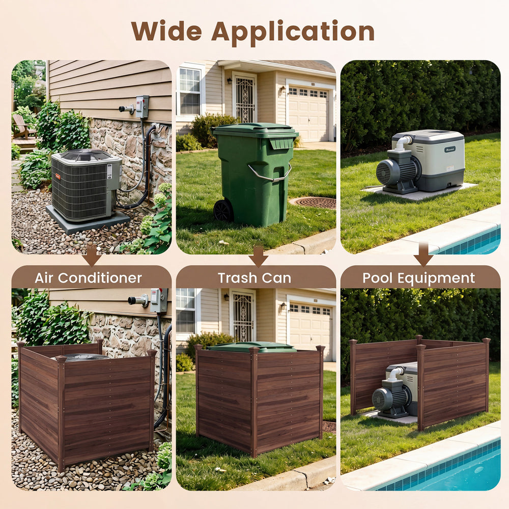 Outdoor privacy air conditioner fence in brown, made of fir wood, ideal for concealing AC units and pool equipment.