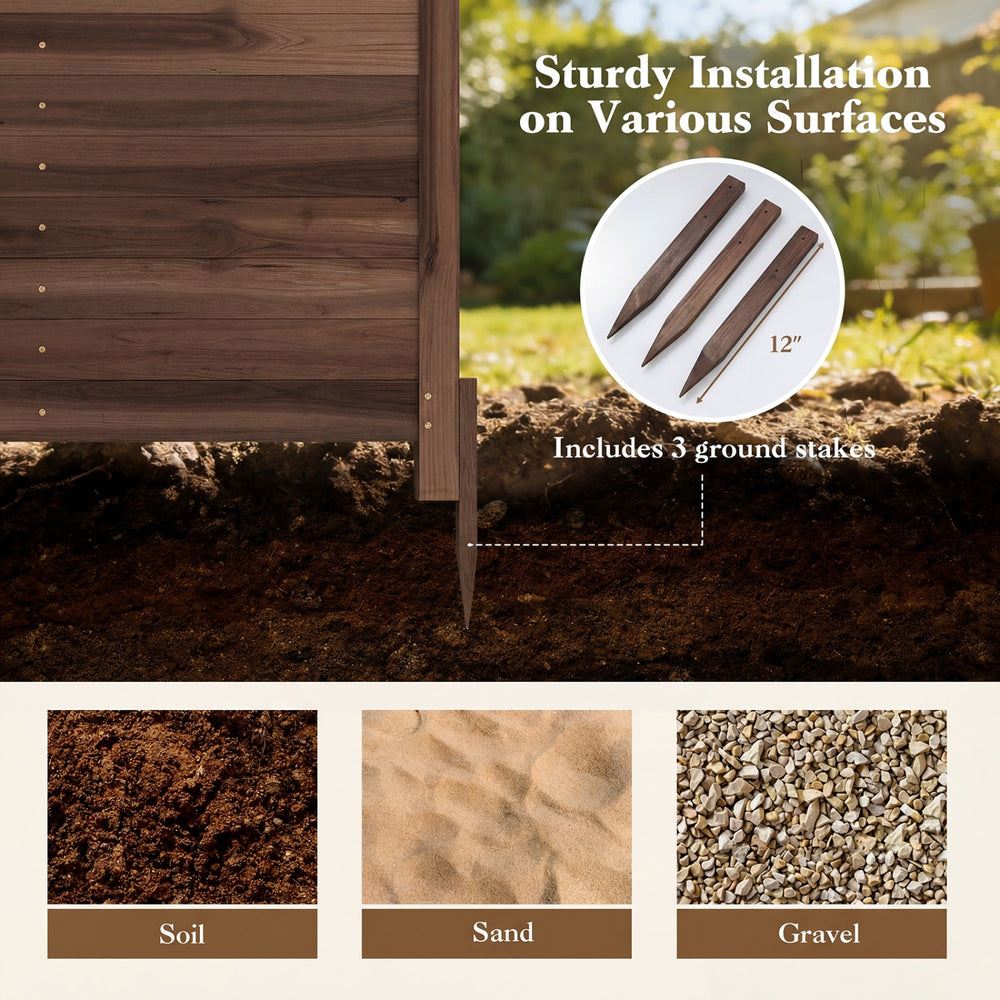 Outdoor privacy air conditioner fence in brown fir wood with ground stakes for secure installation on soil, sand, or gravel.