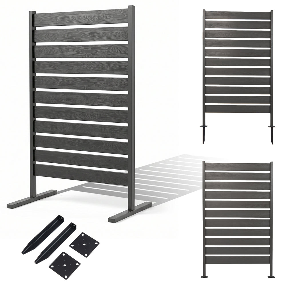 Freestanding outdoor privacy screen fence in gray features slatted panels for airflow and includes metal ground stakes for stability.