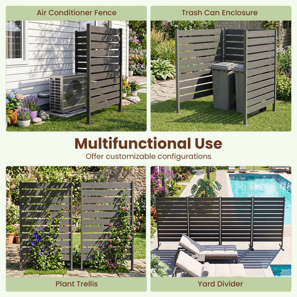 Gray outdoor privacy screen fence with slatted design for airflow, ideal for backyard, patio, or poolside use.