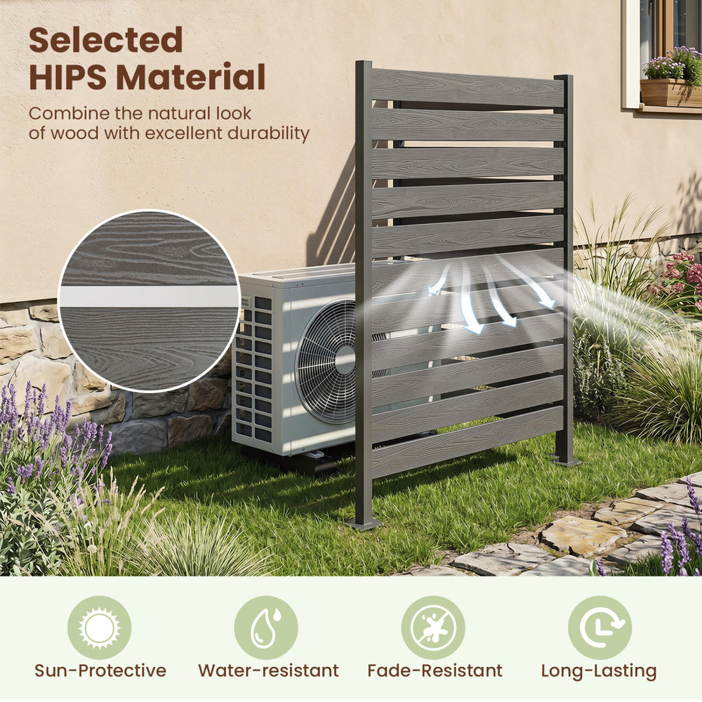 Gray outdoor privacy screen fence made of HIPS material, featuring a slatted design for airflow and stability in various settings.