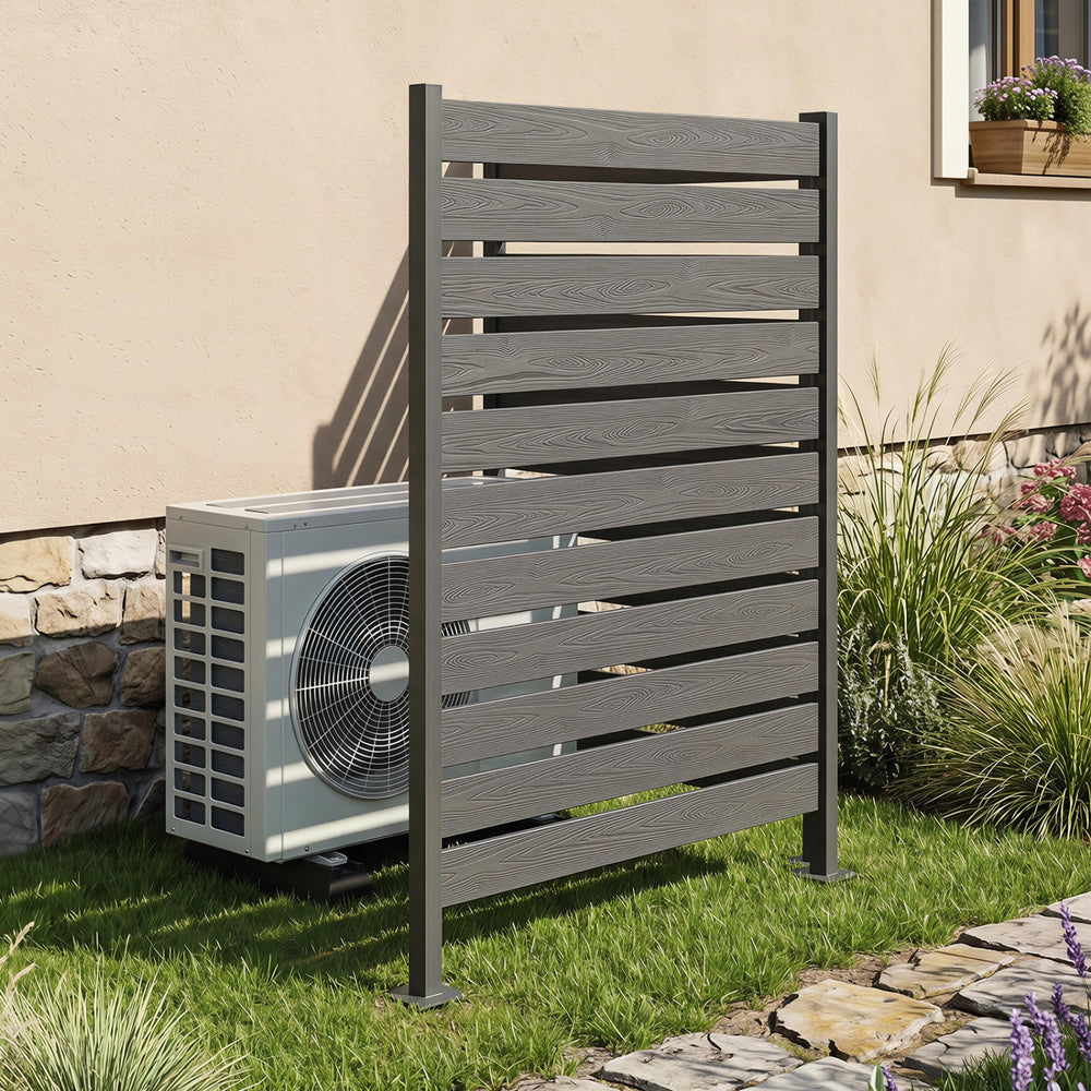Freestanding gray outdoor privacy screen fence with slatted design, ideal for backyard, patio, or poolside use.
