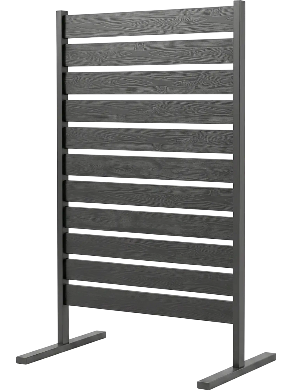 Freestanding outdoor privacy screen fence in gray with slatted design, ideal for backyard, patio, or poolside use.
