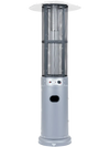 Outdoor propane patio heater in gray with glass tube, 34,000 BTU output, and tilt-over protection for safe outdoor warmth.