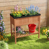 Outdoor raised garden bed made of fir wood with a bottom storage shelf, ideal for planting herbs and flowers.