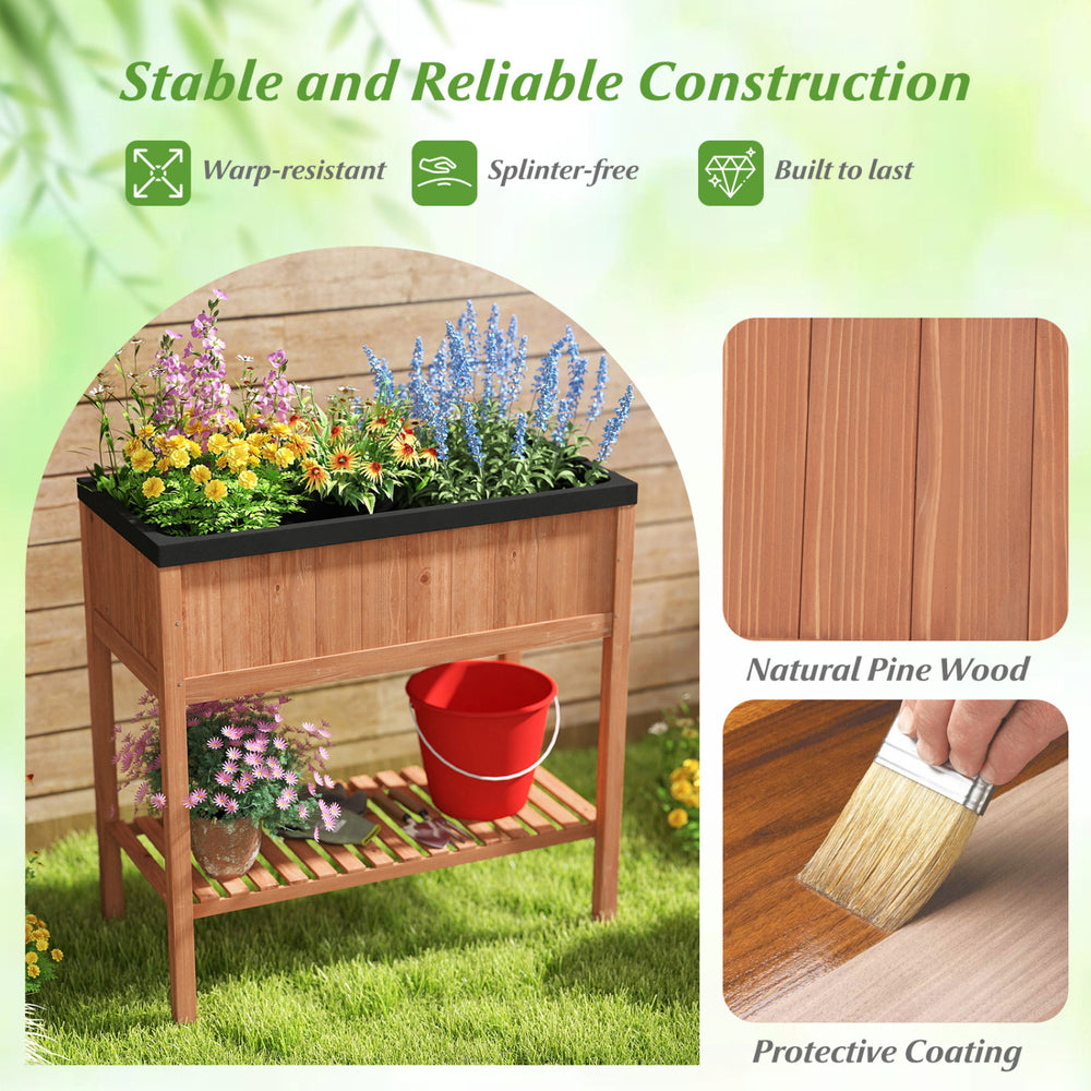 Outdoor raised garden bed made of natural fir wood with bottom storage shelf, ideal for planting herbs and flowers.