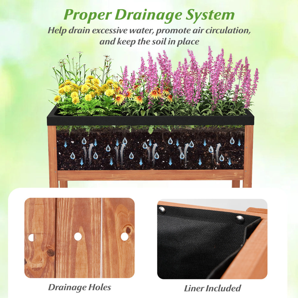 Outdoor raised garden bed made of fir wood with drainage holes and protective liner, ideal for planting herbs and.